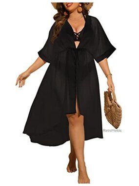 Plus Size Chiffon Kimono Swimsuit Cover Up Open Front Beach Cardigan
